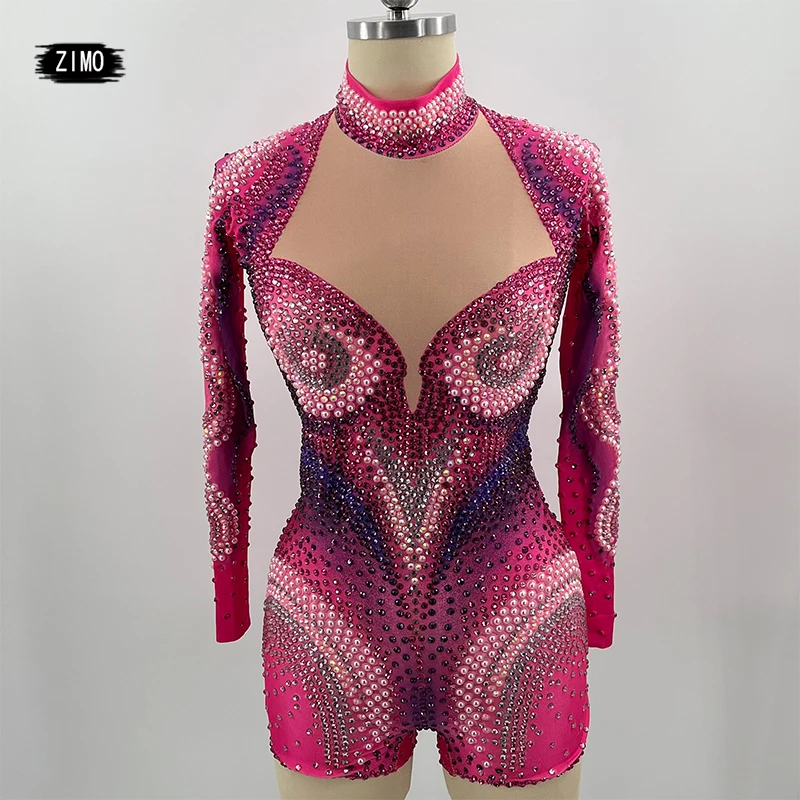 

sparkle Full rhinestones jumpsuit sexy pink pearl bodysuit club party birthday spandex leotard drag queen DS pole dance clothing