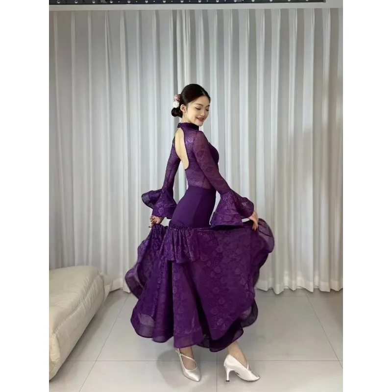 Customized Modern Dance Dress Practice Dress Art Exam Performance Competition Long Sleeve Lace Mesh Modern Set