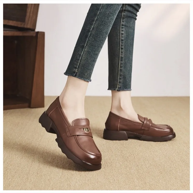 

Women's Loafers 2025 New Top Layer Cowhide Mid-heel Shoes, British-style Casual Single Shoes for Women Channel Shoes Women