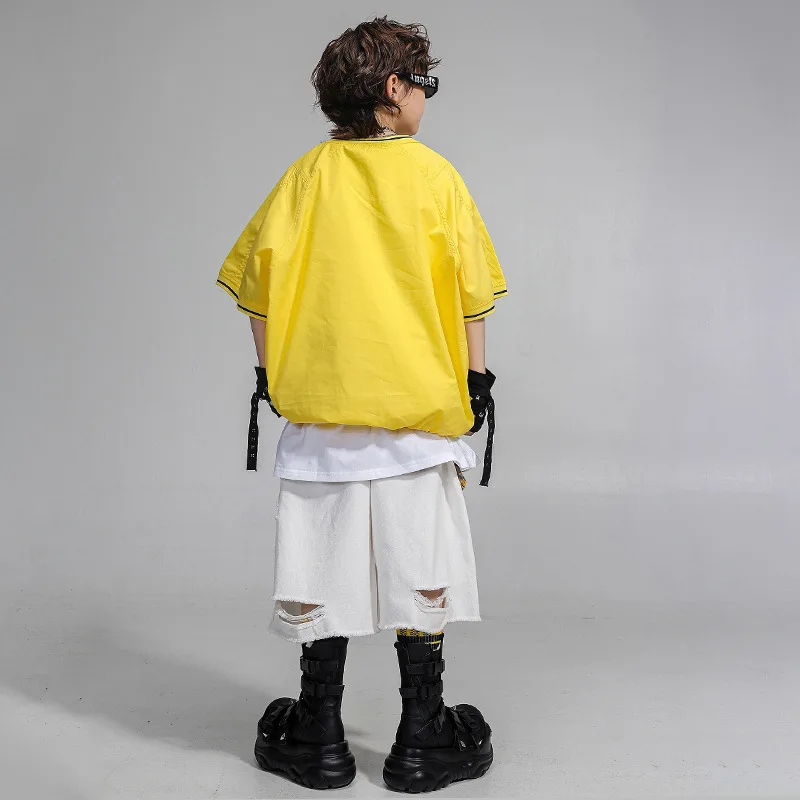 Hip Hop Mädchen Kleidung Kinder Jazz Street Dance Kostüm Nummer 7 Print T-Shirt Weiß Zerrissene Shorts für Jungen Performance Outfit