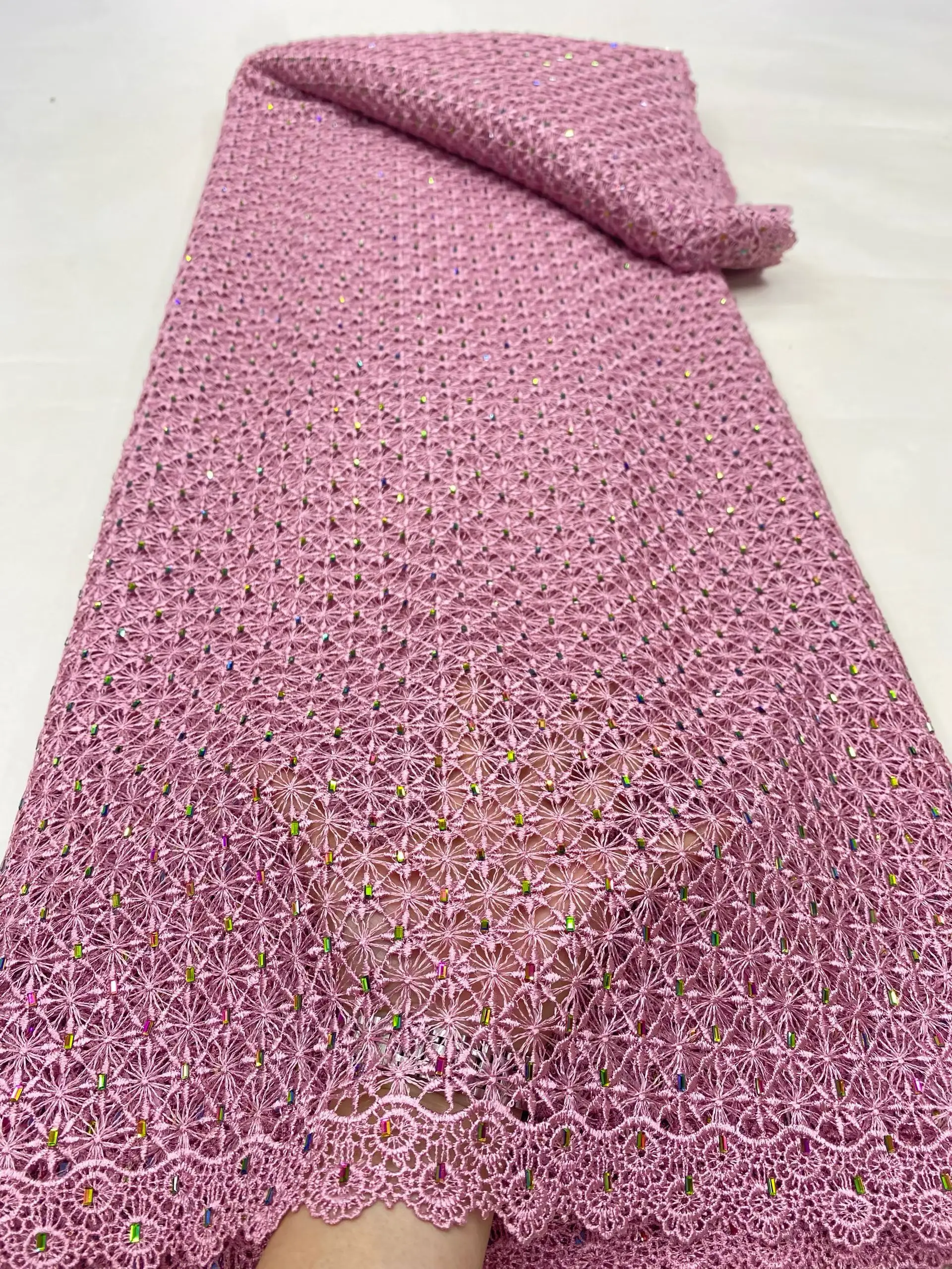 

New Design Pink African Guipure Cord Lace Fabric With Stones 2025 High Quality Nigerian Water Soluble Lace Party Fabric PDP25162