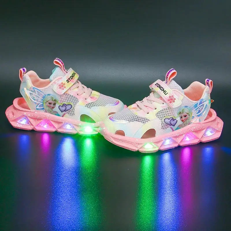 Disney con luce a led scarpe casual sportive per bambini ragazze estate nuova principessa elsa scavata sandali baotou per ragazze anti-calcio