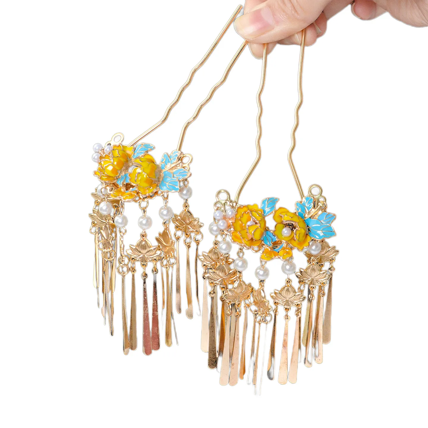 Vintage Gold Chinese Hanfu Hair Sticks Alloy Enamel Flower Faux Pearl Tassel U Shaped Hair Pins For Women Wedding Cosplay Daily