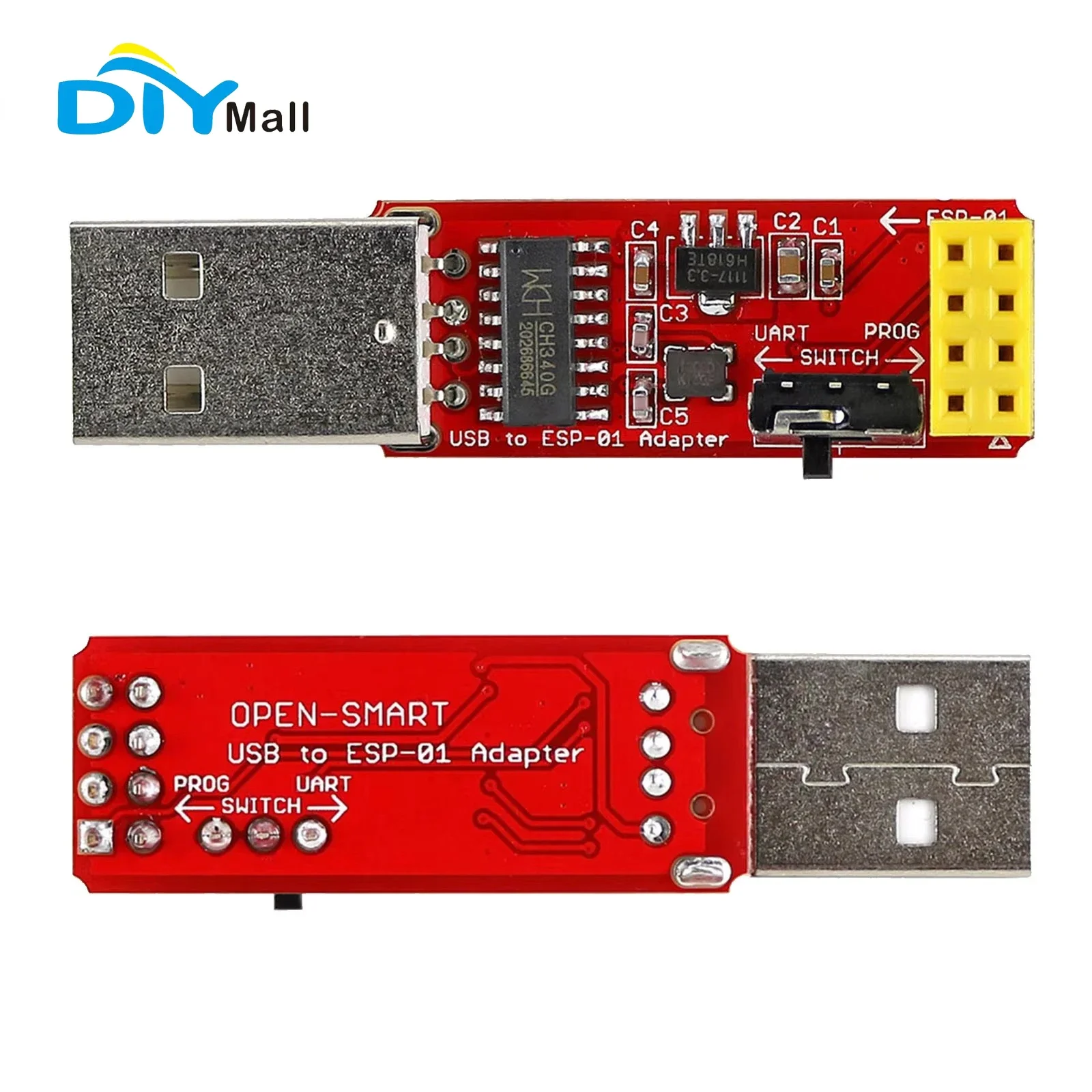 DIYmall ESP-01S Programmer USB to ESP8266 Adapter - CH340G, 3.3V LDO Regulated, UART/PROG for WiFi Module