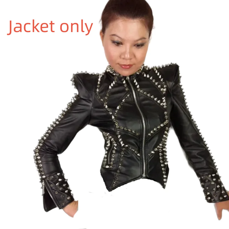 PU Leather Short Jacket Black Slim Rivets Shoulder Women Singer Stage Clothing Nightclub Rock Singer Jazz Modern Dance Costume