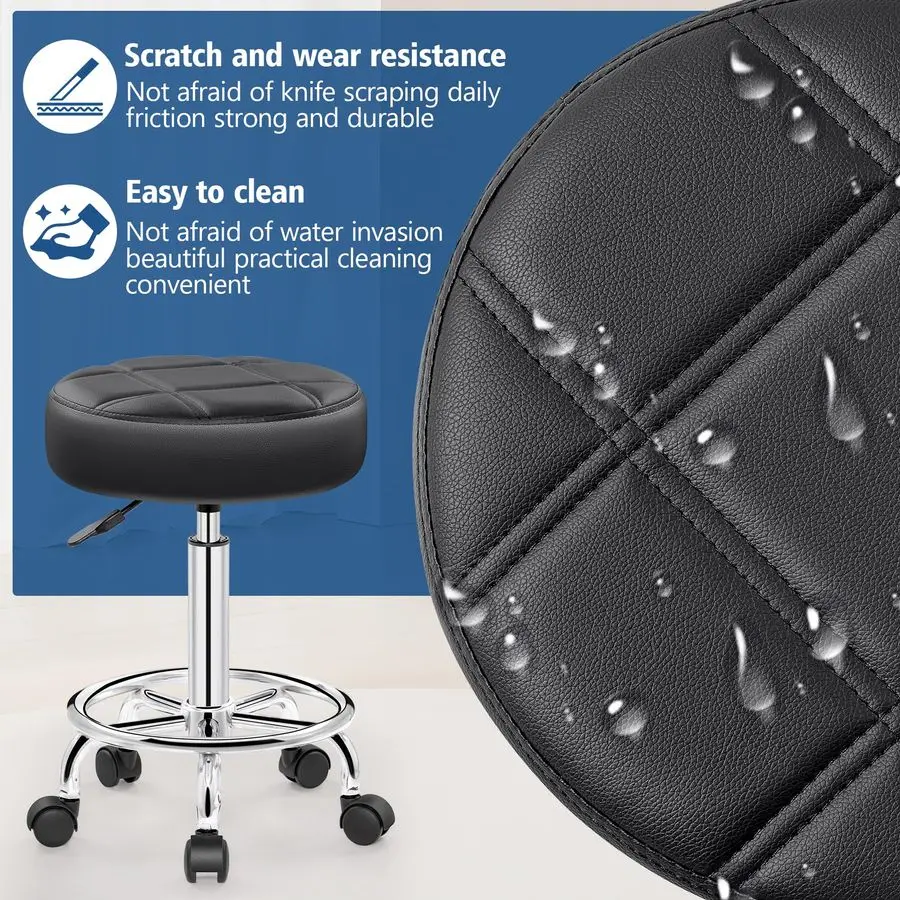 Tabouret avec roulettes, petite chaise de bureau en cuir PU avec repose-pieds, tabouret pivotant réglable polyvalent pour Salon de Massage de tatouage Spa