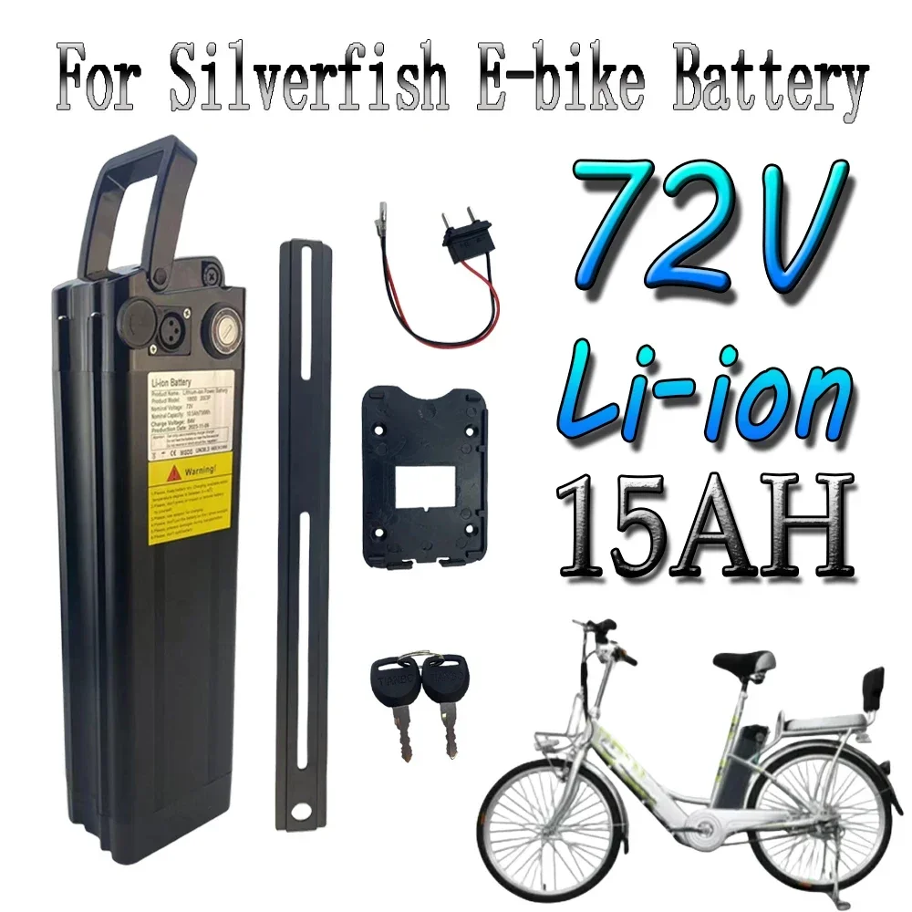 

100% New 72V 15Ah Silver Fish Electric Bicycle 756W BMS 18650 20S3P Lithium Battery Pack Replacement