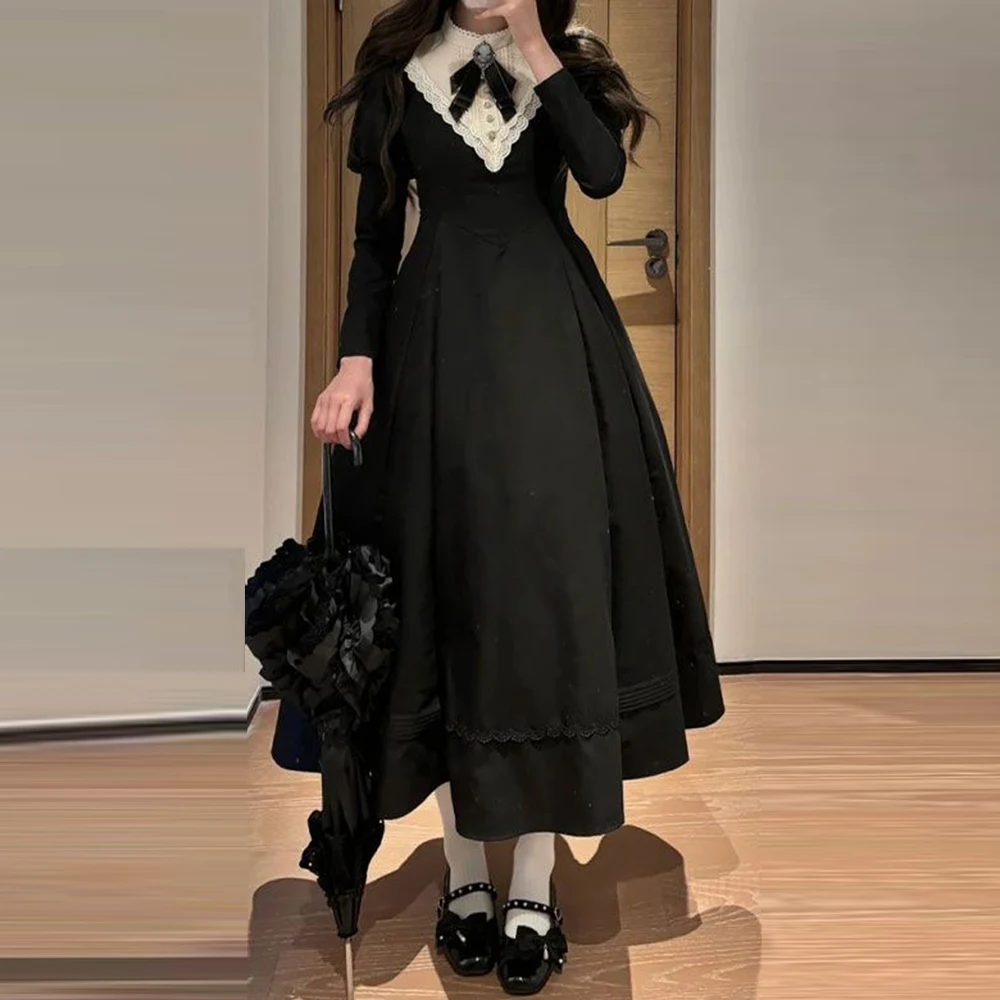

Vintage lady long dark lolita long waist dress long dresses for women Regular Fit Loose y2k vintage dress