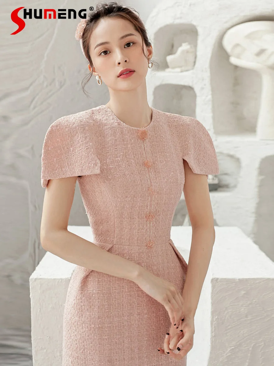 

Lady Light Pink Tweed Feminine Temperament Sheath Elegant One-Step Skirt Dinner Suit Short Sleeve Solid Color Women's Dresses