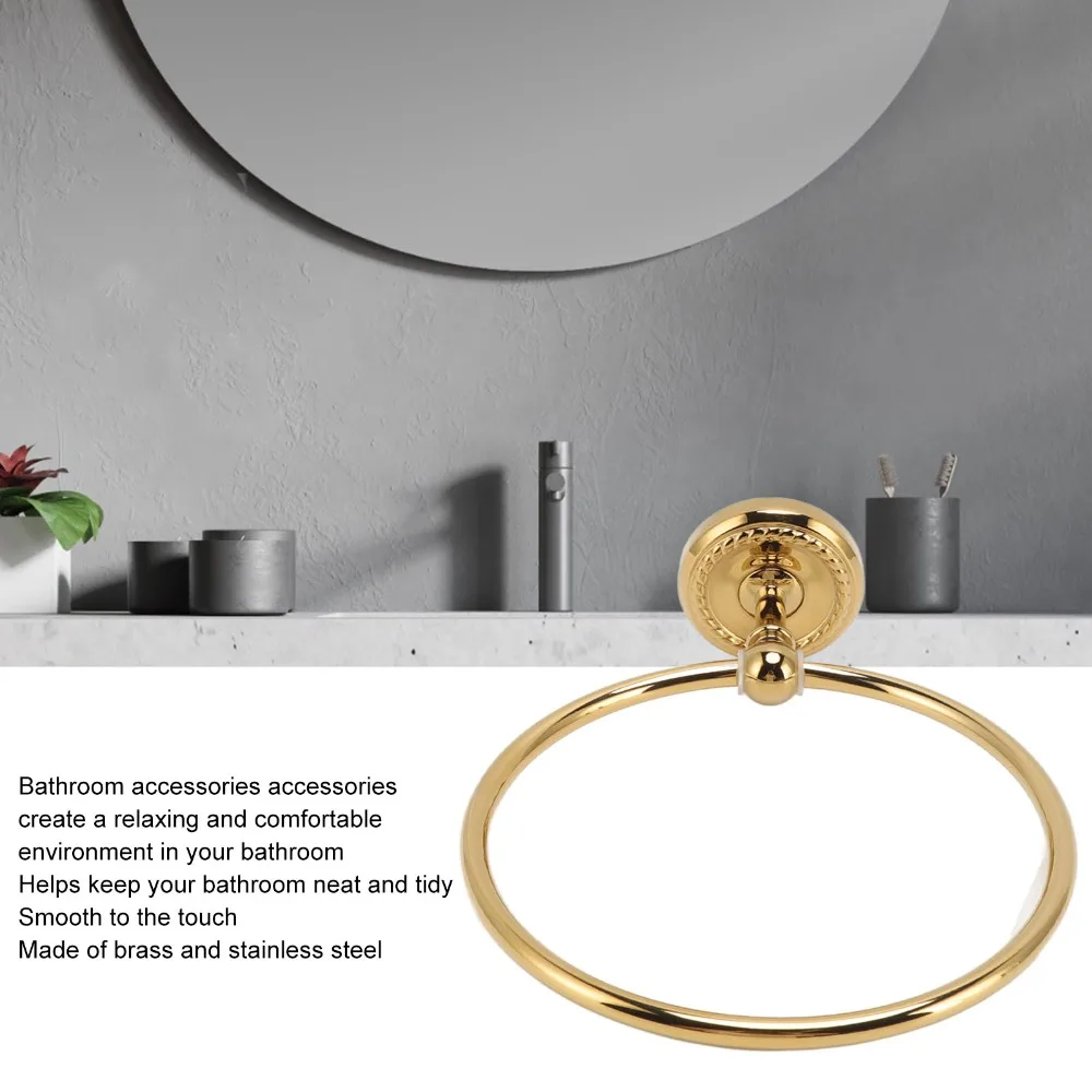Vintage Style Copper Towel Ring Round Glossy Hand Feel Towel Rack Wall Mounted Golden Round Towel Holder Bathroom Accessories