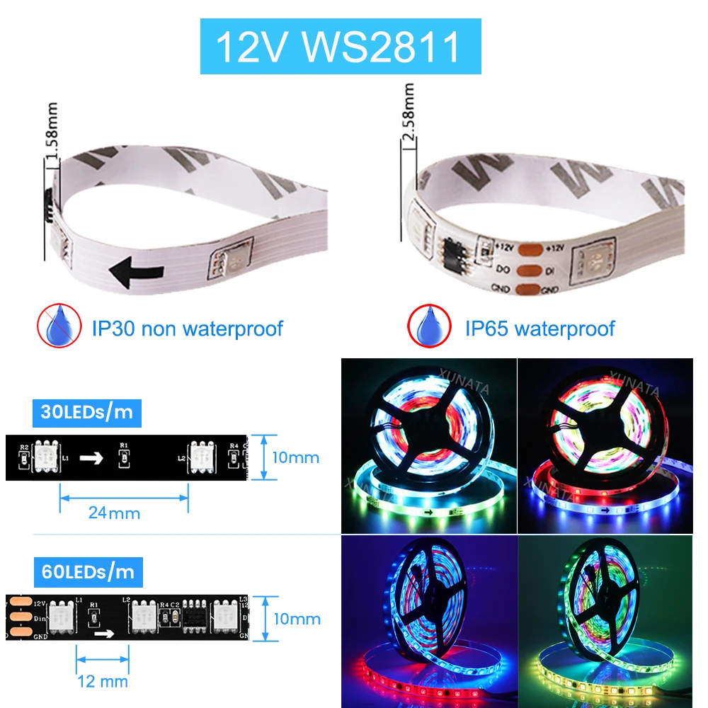 Bande Lumineuse Intelligente WS2811 WS2812B 5050 RGB 5V 12V IC 30/60Pixels, Ruban Flexible Adressable IP30/65