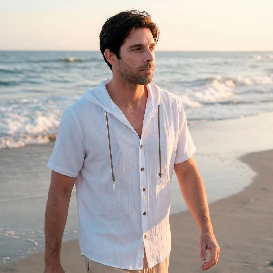 Mens Hooded Shirt Summer Resort Beach Wear Casual Boho Hoodie Linen Cotton