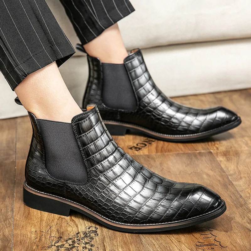 Causal Business Gray Men's Chelsea Boots Fashion Crocodile Leather Boots For Men Pointed Slip-on Ankle Boots Man botines hombre