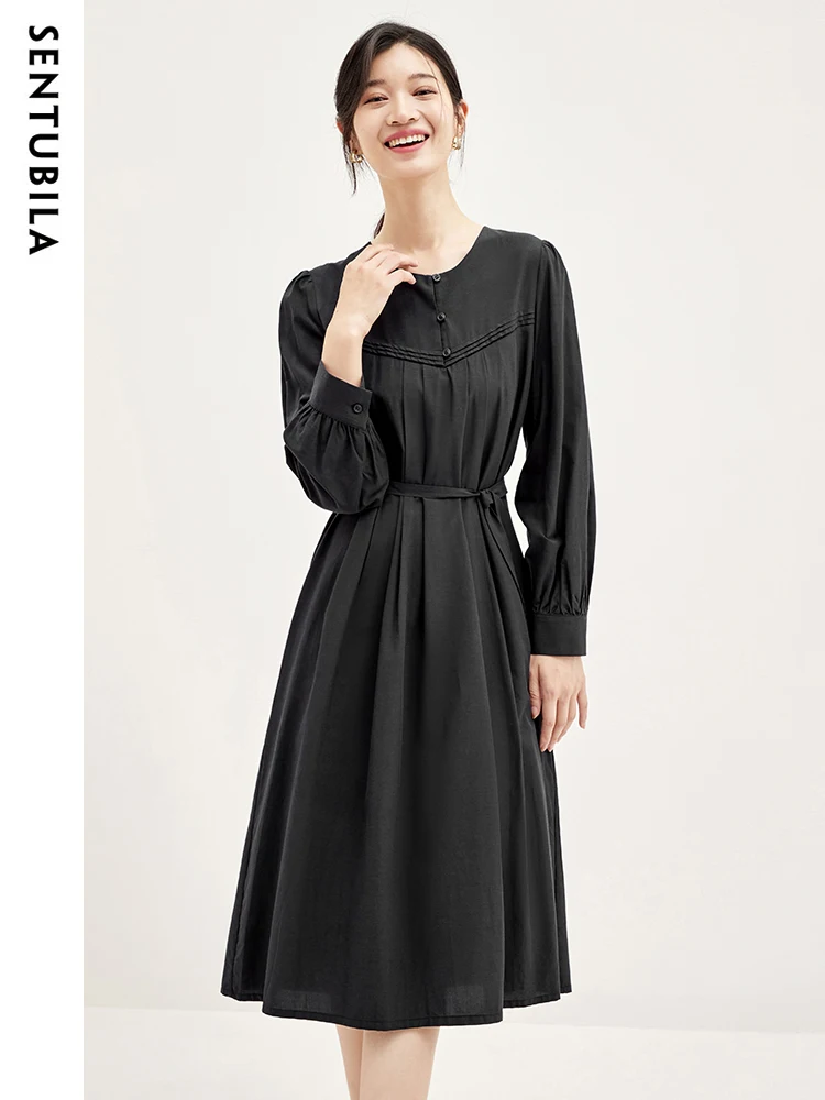 

SENTUBILA Elegant Long Sleeve Black Dress For Women 2025 Autumn Fashion O-Neck Casual Midi Dresses Evening Dress Woman W33L51773
