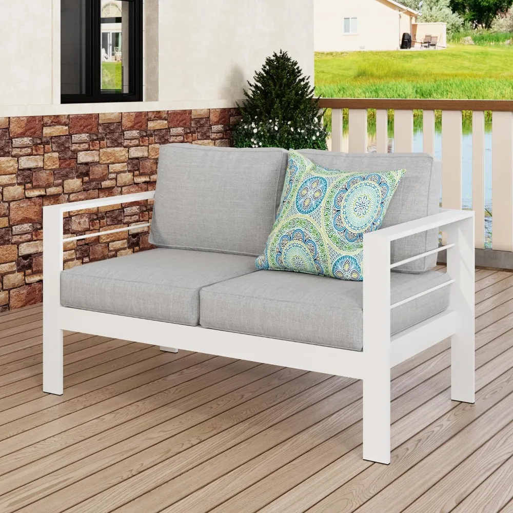 Outdoor Loveseat Aluminum Patio Furniture Sofa, All-Weather Metal Outdoor Couch with Cushions,Light Grey