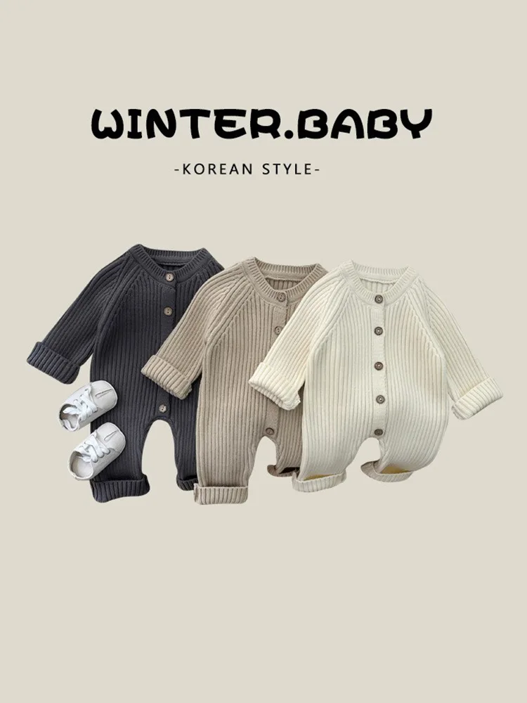 2026 Simple Style Warm Knitted Romper Baby Long Sleeve Bodysuit  for Newborn Boys Girls Autumn Winter Solid Color Sweater