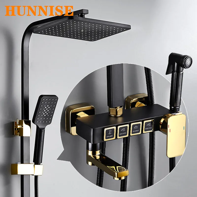 

Hot Cold Bathroom Shower Faucets Black Gold Wall-mounted Bathroom Shower System Long Brass Rainfall Shower Sets Bath Mixer Sets