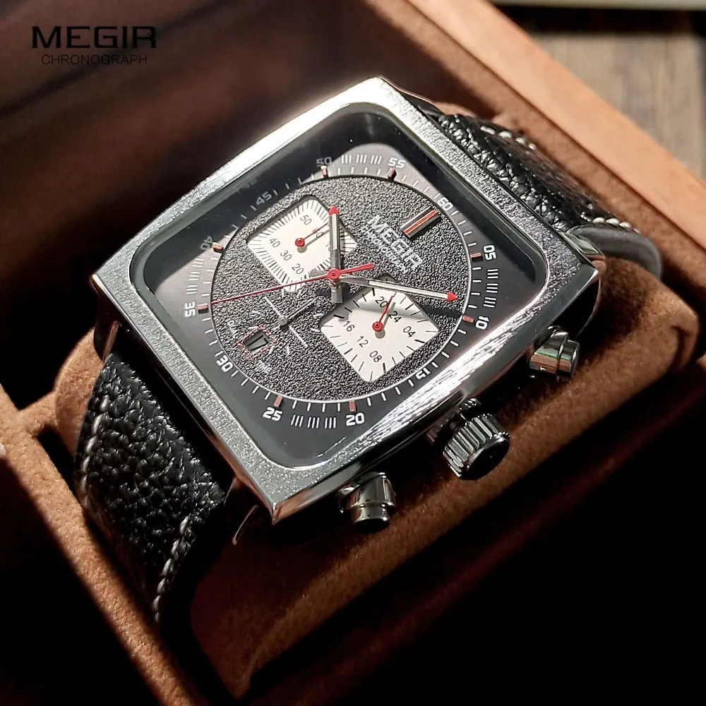 MEGIR Casual Quartz Watches for Men Leather Strap Waterproof Luminous Chronograph Wristwatch with Date 24-hour Indicator Silver