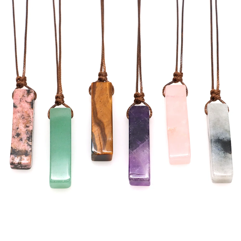 

40x10mm Rectangle Slice Stone Pendant Necklace Reiki Healing Crystal Amethyst Rose Quartz Chakra Gmestone Women Jewelry Gifts