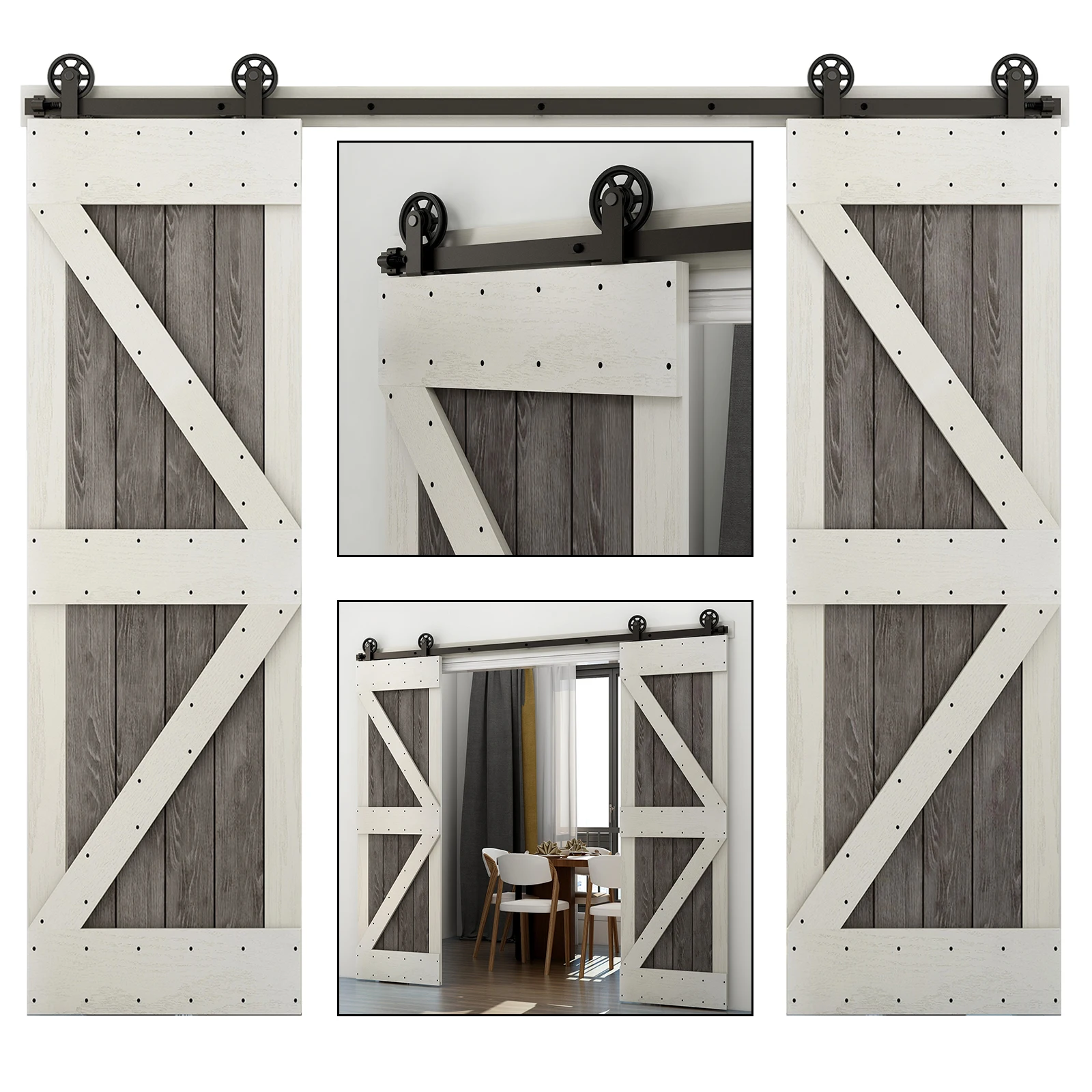 Sliding Barn Door Hardware Kit Heavy Duty Smoothly and Quietly Easy to Install Fit Double Door Panel Middle Wheel T Roller Black