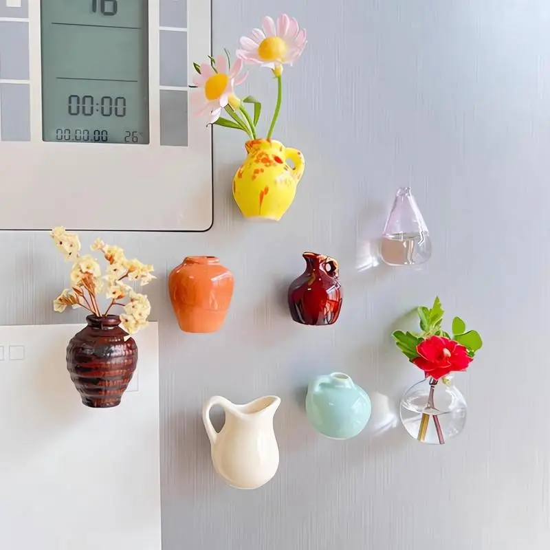 8pcs Mini Vase Magnets Fridge Decoration 3D Flower Bud Vase Magnet Micros Landscape Ornament Kitchen Refrigerator Accessories