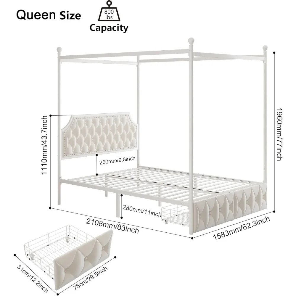 Каркас кровати с балдахином и мягкой обивкой «queen-size» с двумя выдвижными ящиками и тафтинговым изголовьем на пуговицах, кровать с металлической платформой и 4 съемными стойками, два