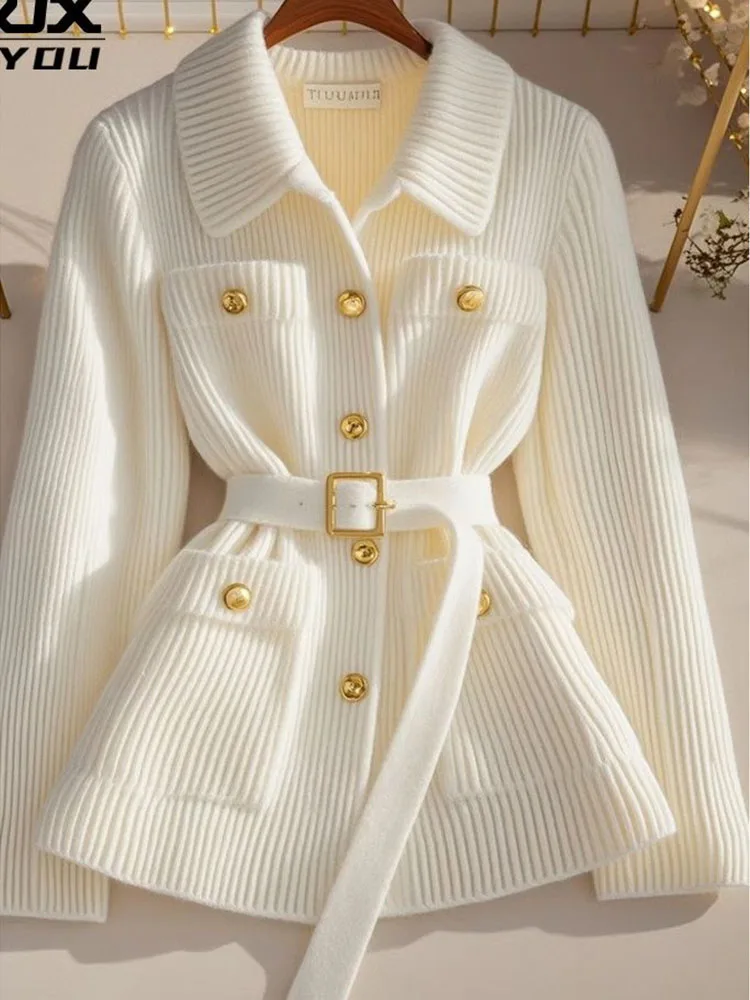 

High end white small fragrant style sweater jacket women's autumn winter new lazy style waist cinched knit sweater top
