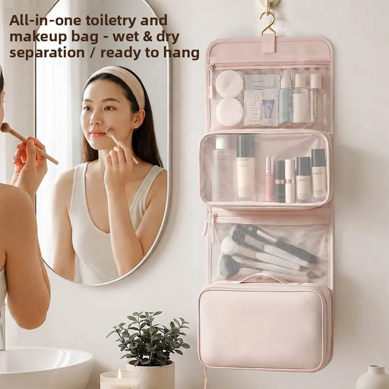 Large Capacity Hanging Toiletry Bag for Women, Waterproof Travel Cosmetic Organizer with Dry Wet Separation Folding Wash Pouch