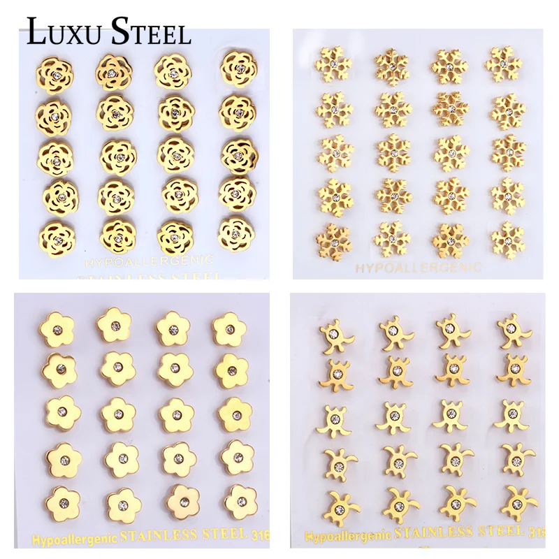 LUXUSTEEL 10Pairs Dainty CZ Stud Earring for Women Girl Gold Color Stainless Steel Small Bling Crystal Flower Heart Ear Piercing