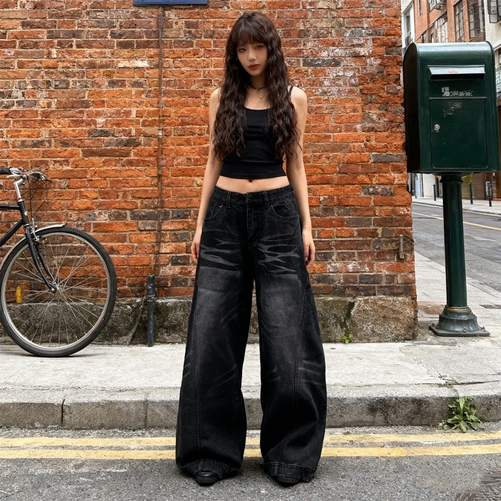 KUCLUT موضة جديدة نمط الشارع الشهير ملابس عتيقة فضفاضة كبيرة الحجم الساق الدنيم السراويل الجينز للرجال والنساء