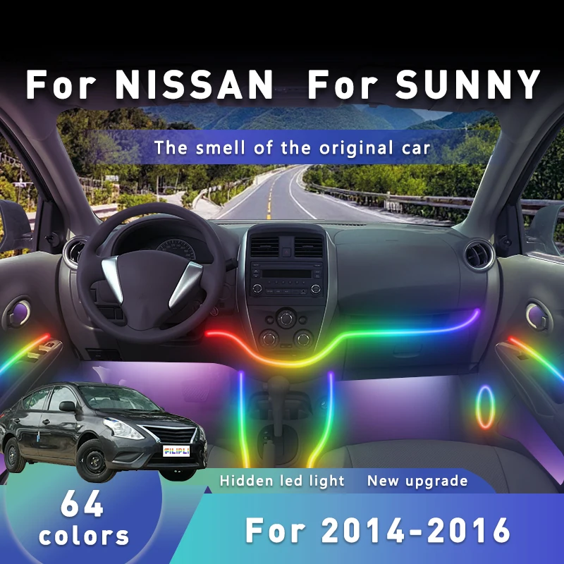 

FILIPLI For NISSAN SUNNY For 2014-2016 64 RGB Night Driving Car Ambient LED Strips Music Sync Dynamic Atmosphere Lights Strips