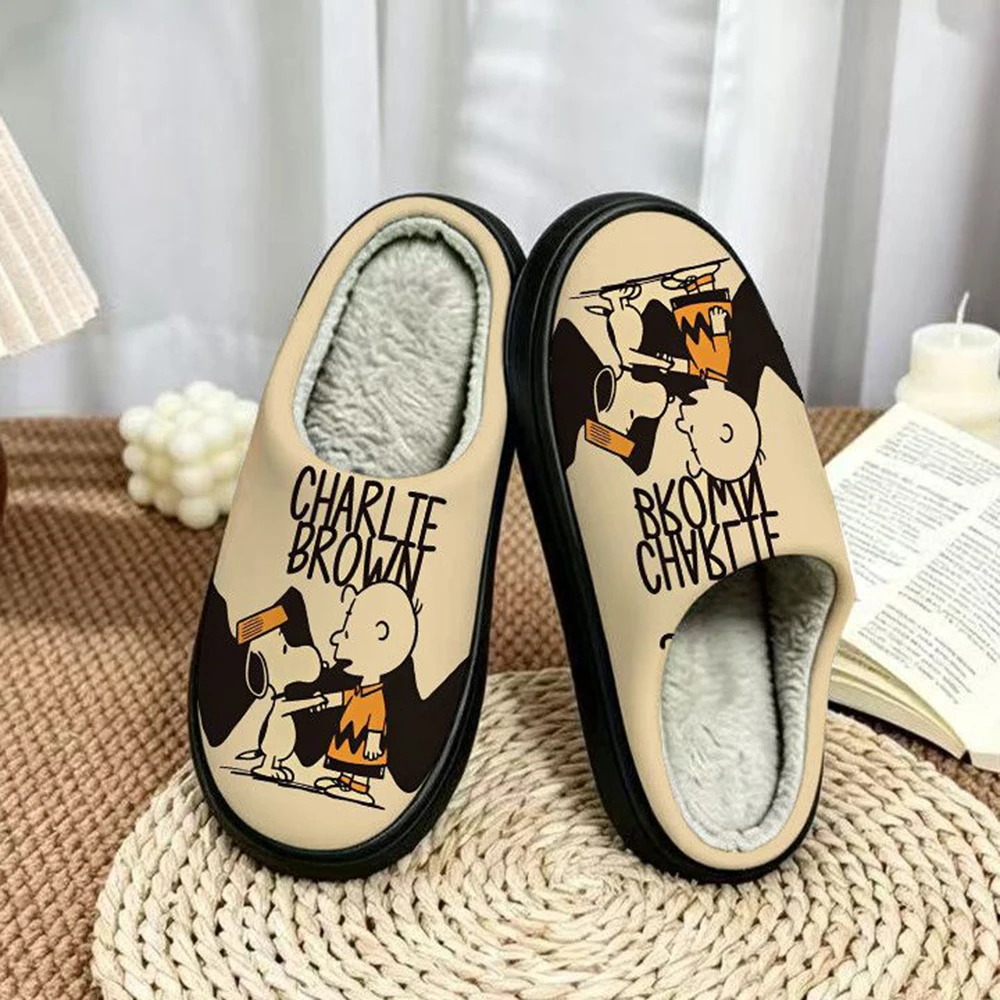 Cute Snoopy Charlie Brown Vintage Cartoon Print Warm Winter Plush Slippers Soft Fluffy Fleece Lining Non Slip Thick Bottom Home