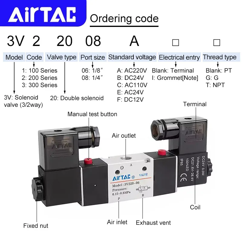 AIRTAC Original 3/2-Way Dual Electronic Control Solenoid Valve 3V120-M5/06 3V220-06/08 3V320-08/10 Pneumatic Control Valve