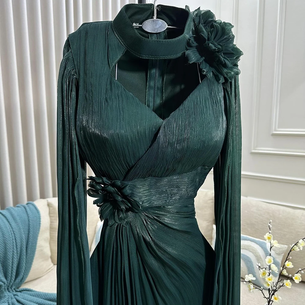 カスタマイズされた A ラインのイブニングドレス フロアレングス ハイネック フルスリーブ プロムドレス ファッション フラワー プリーツ シンプル ドレープ パーティードレス