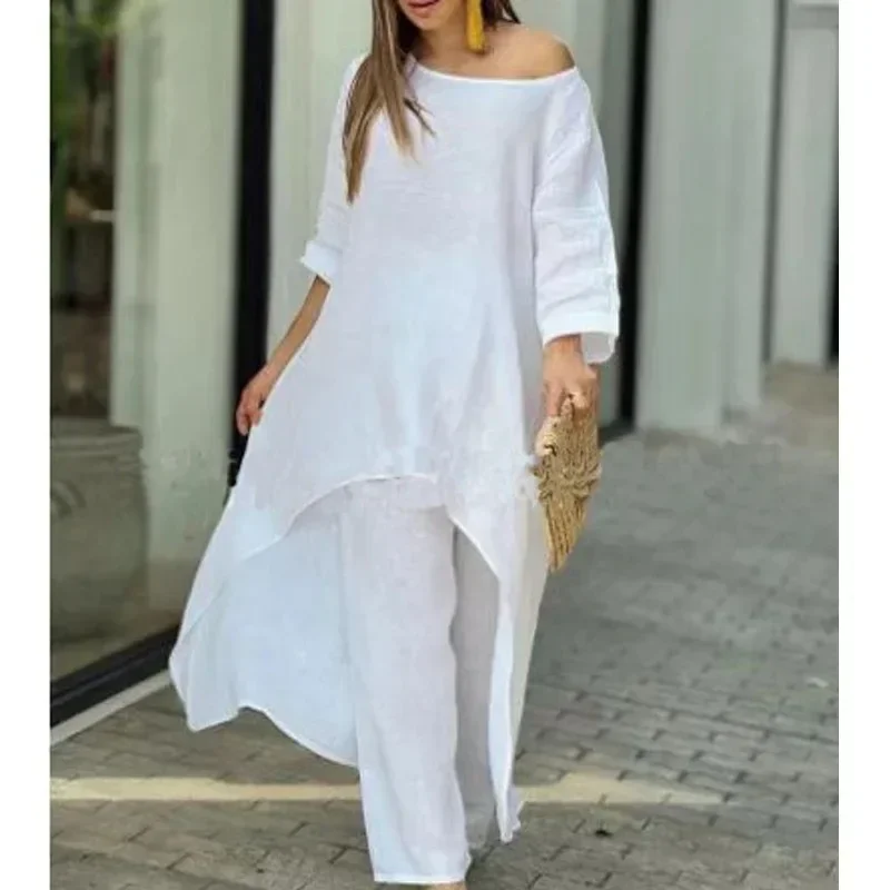 Summer Solid Casual Two-piece Sets Women Fashion Loose Wide Leg Pants and Blouse Tops Elegant Simple Two-piece Suit Shirt 26030