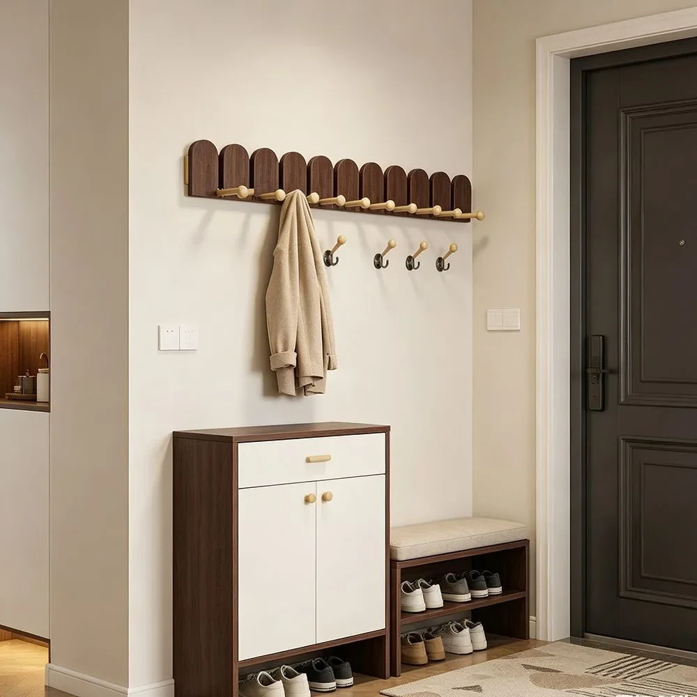 Wood Wall Hook Foldable Hidden Coat Rack Punch Free Walnut Color Clothes Hanger 5/7/9 Hooks Entryway Hat Bag Storage Home Decor