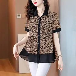 Blusa holgada de leopardo coreano para mujer, camisa de manga corta con cuello vuelto, moda de verano