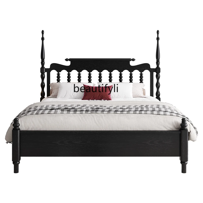 French retro solid wood black 1.8 meters double bed solid wood Windsor master bedroom queen bed