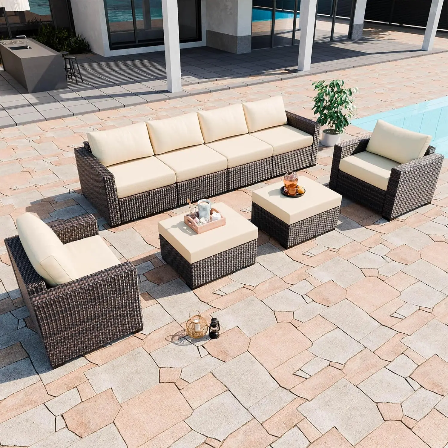 

3-Seater 6PCS Outdoor Wicker Furniture Sets w/2 Side Tables, High Back Deep Seat w/ Cushion, Patio Conversation Set for Backyard