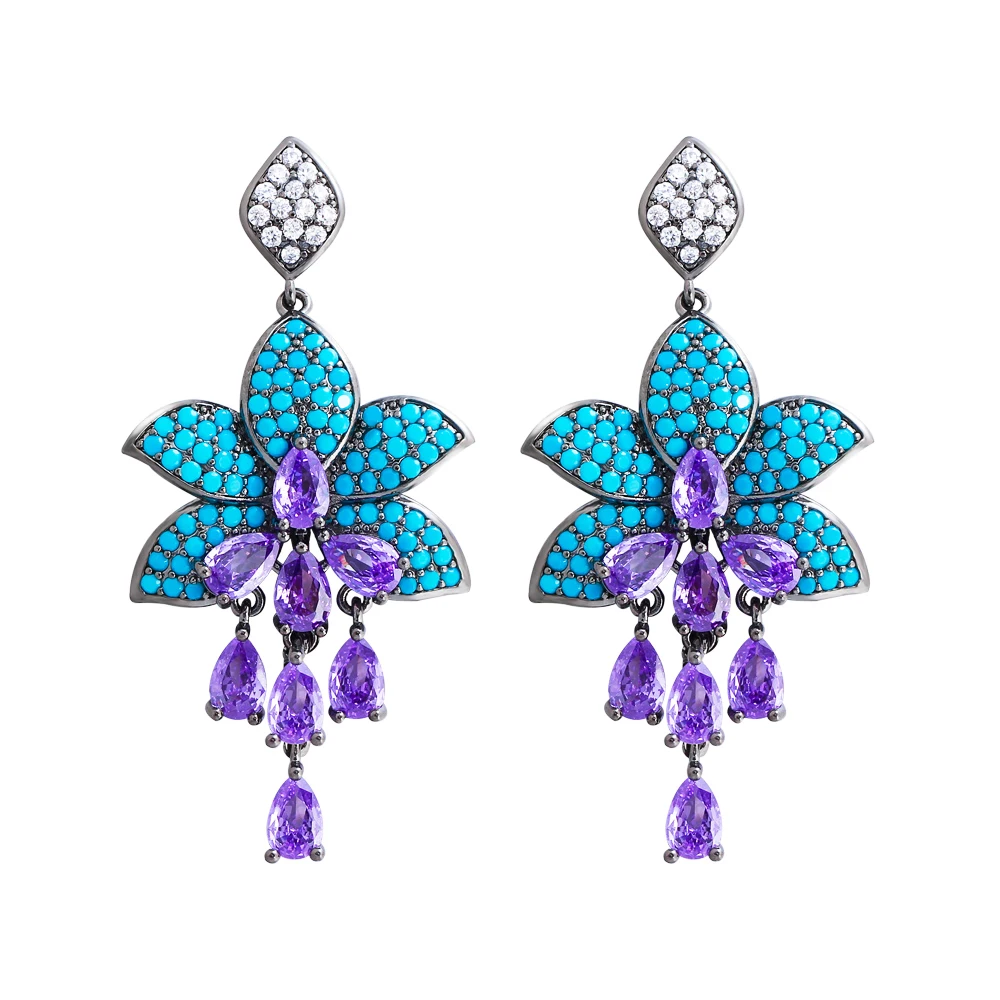 

ThreeGraces Beautiful Blue Turquoise Shiny Purple Cubic Zirconia Long Flower Tassel Drop Earring for Women Bridal Jewelry E1856