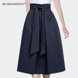 Fashion Mid-Length Solid Color Cotton Skirt Women' Spring Summer High Waist A-line Skirts With Pockets Belt Lace-up Casual Skirt