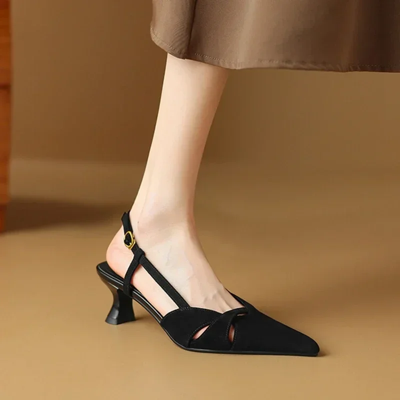 Summer Women Sandals Sheep Suede Leather Shoes for Pointed Toe Kitten Heel Black Cover Slingback