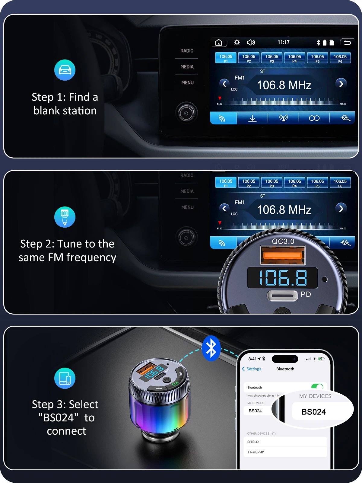 LENCENT Bluetooth 5.3 FM Transmitter Bluetooth Car Adapter with Type C PD 30W & QC3.0 USB Fast Charger Hi-Fi Music Adapter