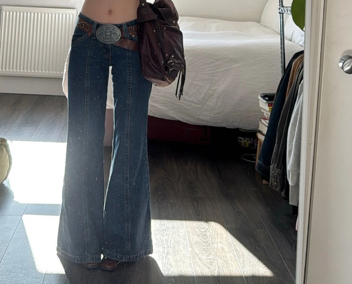 Jeans micro alargados retrô patchwork para mulheres no outono e inverno, calças justas e largas para abraçar o chão