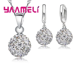 Shiny Latest Jewelry Set 925 Sterling Silver Austrian Crystal Pave Disco Ball Lever Back Earring Pendant Necklace Women