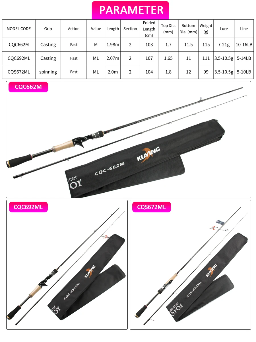 KUYING-CONQUEROR Bass Master Fishing Lure Rod، 6.6-6.9 قدم، M، ML Fast Action، طُعم صب دوار من الكربون FUJI، محيط مائي ملح