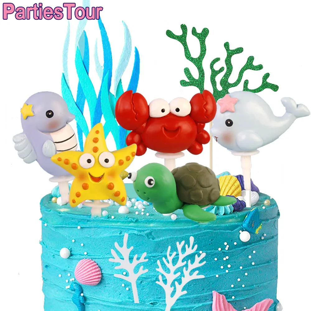 Meer Kuchen Topper Cartoon Ozean Tiere Geburtstag Kuchen Dekoration Cupcake Topper Kinder Geburtstag Baby Dusche Großhandel Kuchen Topper