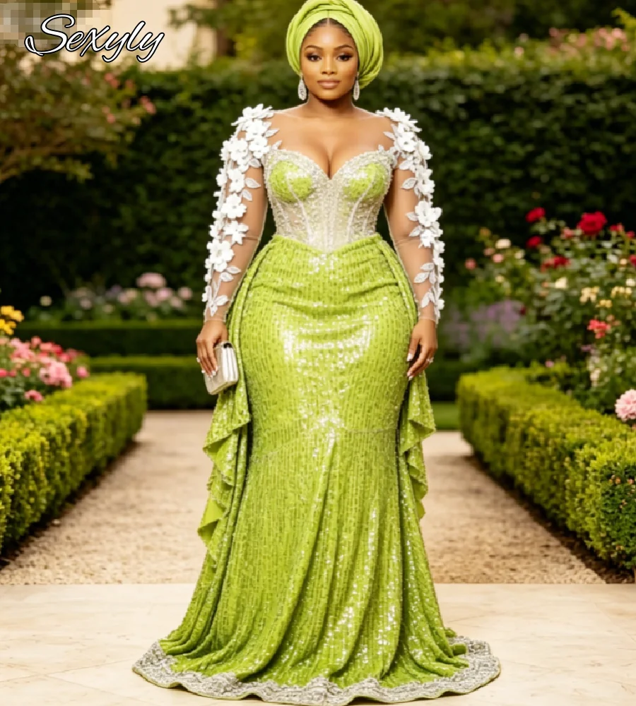 

Lime Green Aso Ebi Mermaid Prom Dress 2026 Sparkly Sequin White 3D Florals Evening Gowns Long Sleeve Nigerian Birthday Party