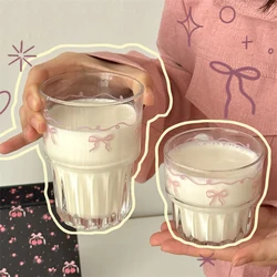 Kawaii Bowknot Glass Cup Aesthetic Cute korean Cups For Cold Hot Coffee Juice Wine Milk Drinking Glasses Ice Cream Dessert Cup