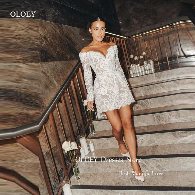 OLOEY Sexy Off Shoulder Full Lace Mini Short Wedding Party Dresses Long Sleeves Mini Bridal Gowns Robe de mariage Prom Dress AliExpress